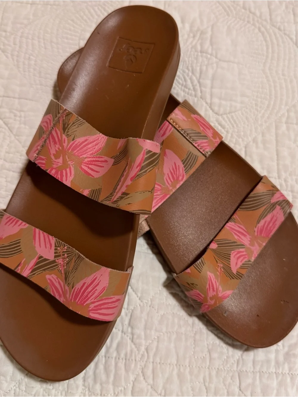 Reef Floral Pink Brown Double-Strap Slide Sandals
